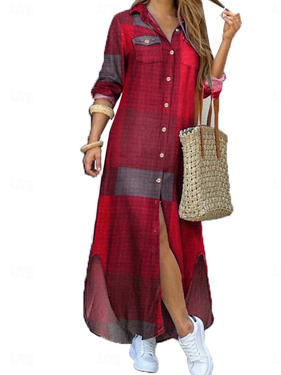 Damen Maxidress blusenkleid Casual kleid Stilvoll Basic Brautkleider schlicht Urlaub Täglich Lockere Passform Graphic Langarm Hemdkragen Wein Rote Blau Khaki Frühling Herbst 2025 - $25.99 –P6