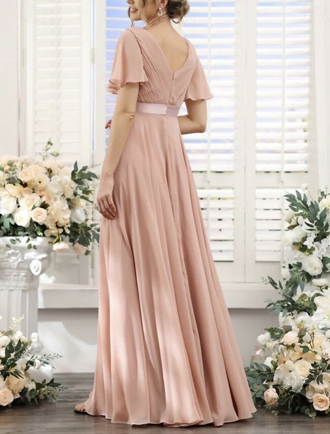 Linha A Vestido de Madrinha Decote V Manga Curta Elegante Longo Chiffon com Franzido 2022 de 2025 por $167.99 –P2