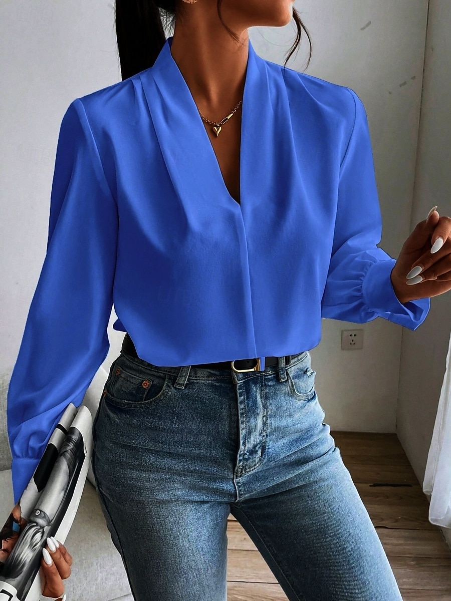 Dame Skjorte Bluse Helfarge Stilfull Fritid Langermet V-hals Vanlige topper Daglig Knapper Lomme Svart Hvit Gul Blå Grønn Sommer Vår 2025 - $31.99 –P10