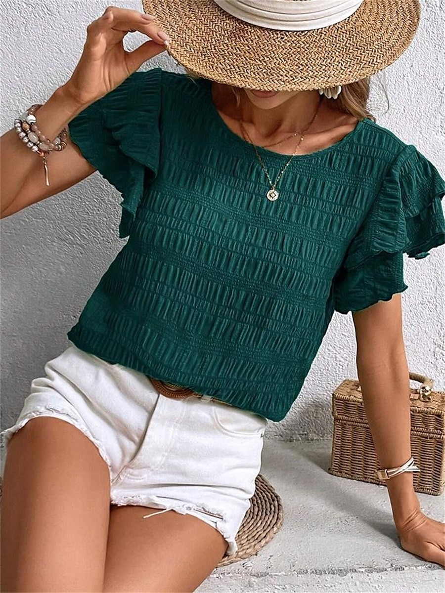 Women's Blouse Solid Color Elegant Daily Stylish Short Sleeve Crew Neck Regular Tops Daily Holiday Going out Ruffle Patchwork Sage Green Red Navy Blue Purple Green Summer Spring 2025 - $22.99 –P18