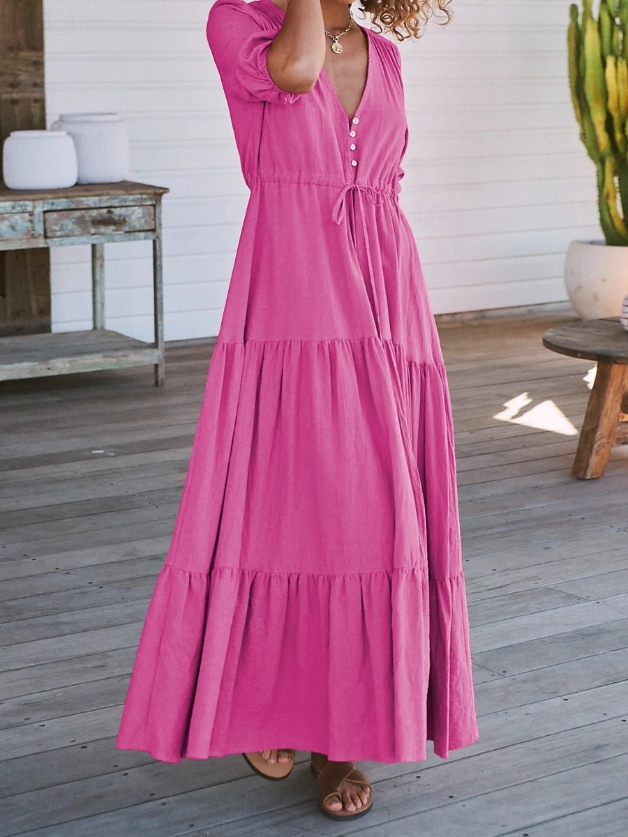 Women's Maxi Dress Casual Dress Swing Dress A Line Dress Casual Vacation Daily Regular Fit Plain Short Sleeve V Neck Black Navy Blue Fuchsia Green Summer 2025 - $31.99 –P3