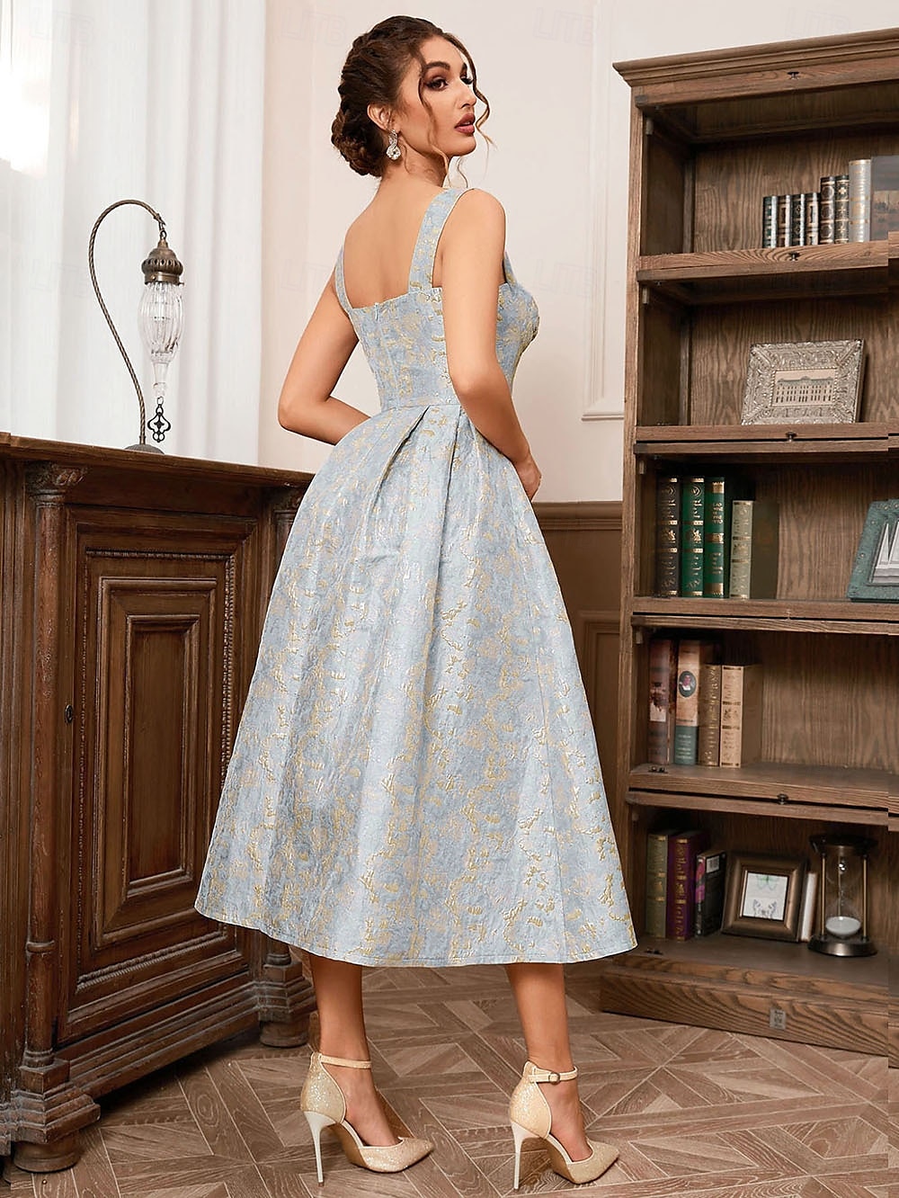 Brocade A-Lijn Cocktailjurken Feestjurk Bruiloft Bruiloft Gast Thee Lengte Mouwloos Vierkante Hals Polyester met Bloemen Jurken Bruiloft Gast Jurk 2025 - $128.99 –P5