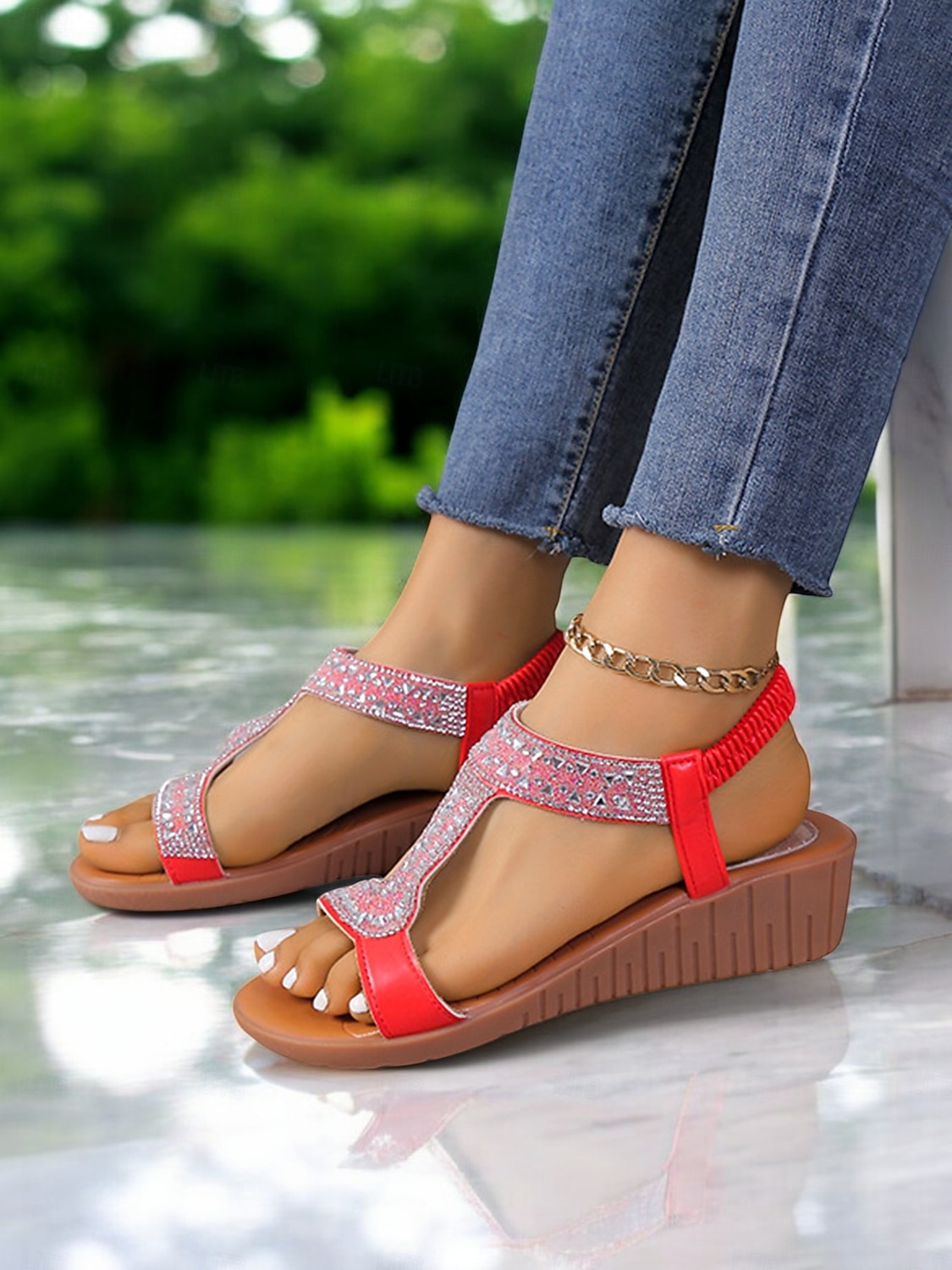 sandali con cinturino a T scintillanti per donna: sandali con zeppa comodi ed eleganti con accenti di strass, ideali per uscite informali, feste estive e occasioni speciali del 2026 a $26.99 –P4