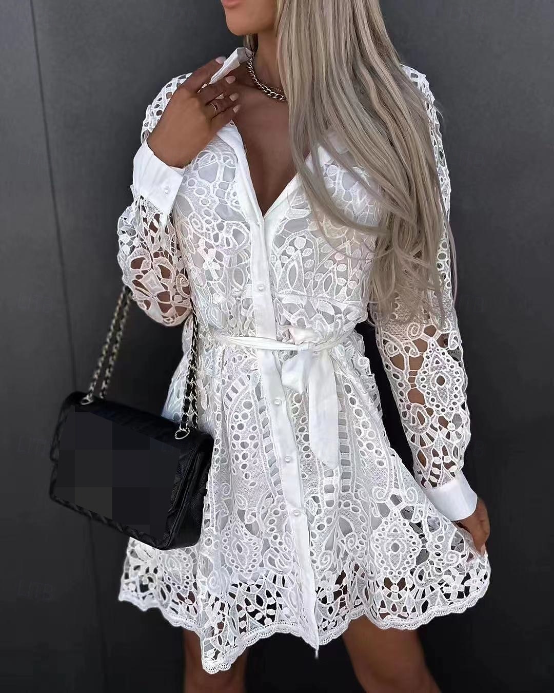 Women's Mini Dress Lace Dress A Line Dress Boho Dress Basic Casual Vacation Daily Regular Fit Plain Long Sleeve Square Neck Black White Khaki Summer 2025 - $47.99 –P1