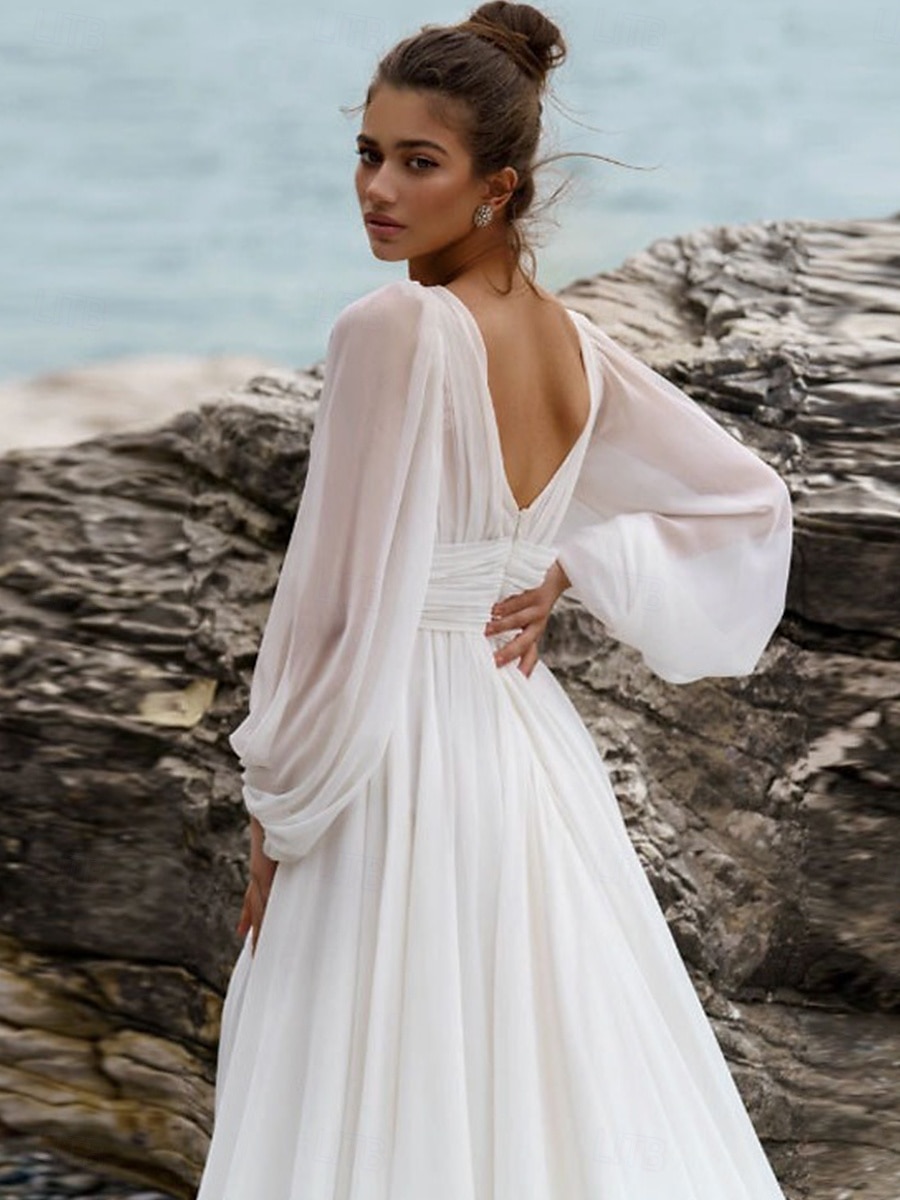 Abiti da sposa Linea-A A V Cinghie Regolari Strascico da cappella Tulle Abiti da sposa Con A pieghe Con ruche 2025 del 2025 a $180.99 –P3
