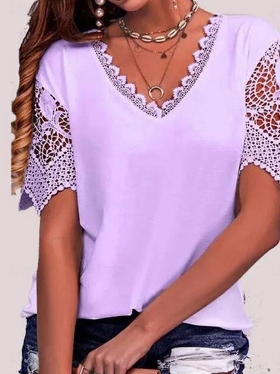 Per donna Maglietta Semplice Moda Moderno Casual Manica Corta Scollo a V Top Regolari Quotidiano Uscire Weekend Pizzo Patchwork Traforato Bianco Rosa Viola Azzurro Estate Primavera del 2025 a $16.49 –P2