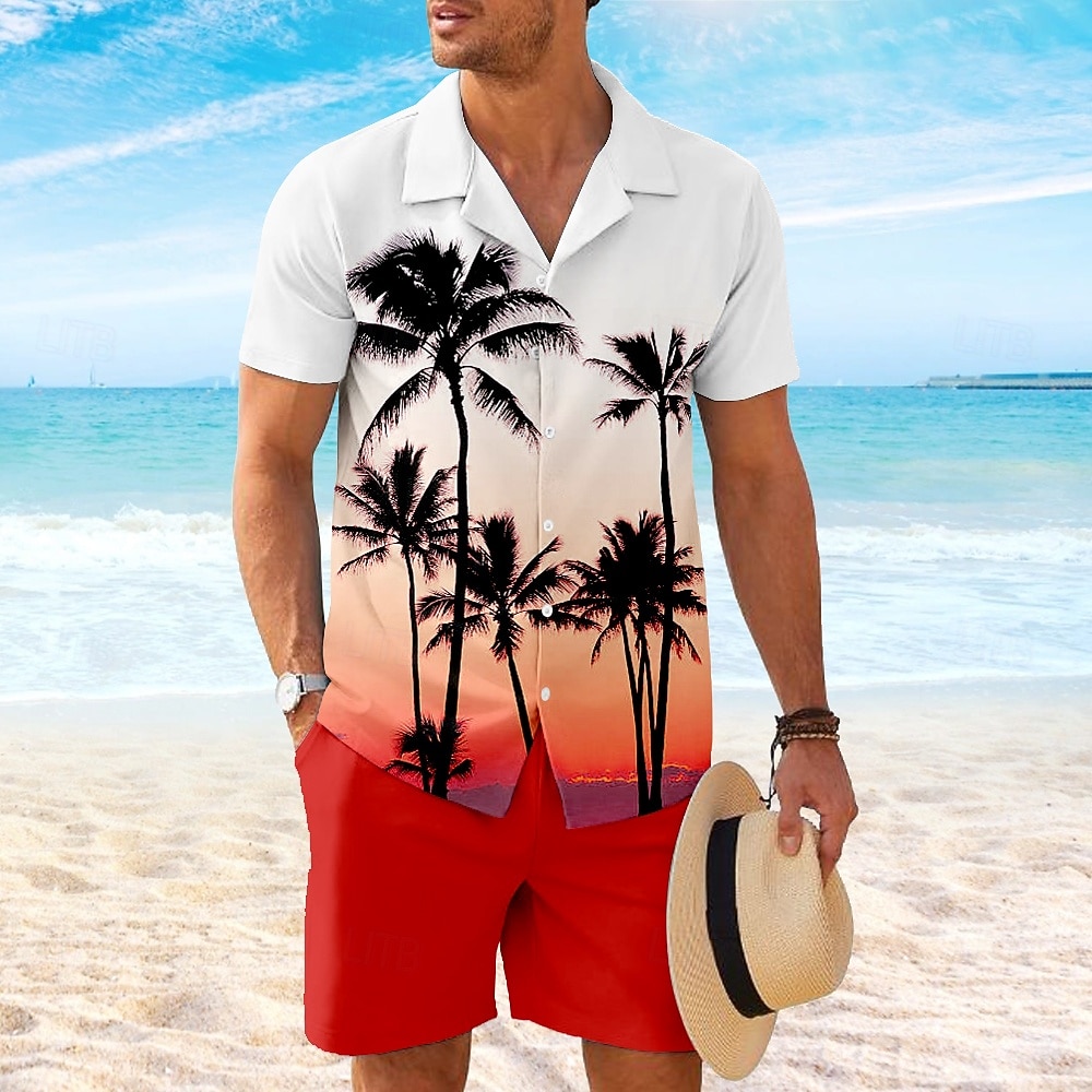 Herren Kokospalme 2St Hemden-Sets Hemd Kurzarm Kurze Hosen Kubanisches Halsband Urlaub Alltagstauglich Party Lässig Täglich 3D-Druck Sommer Rubinrot Gelb Orange 2026 - $40.99 –P3