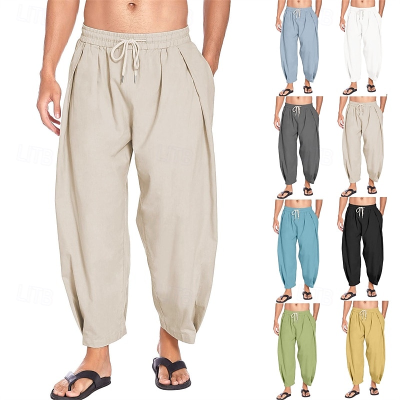 Homens Calças de linho Calça verão Calças de praia Calças Harem Bolsos Com Cordão Cintura elástica Tecido Conforto Respirável Mimolet Férias Diário Feriado Havaiana Boho Azul Céu Preto de 2025 por $18.99 –P1