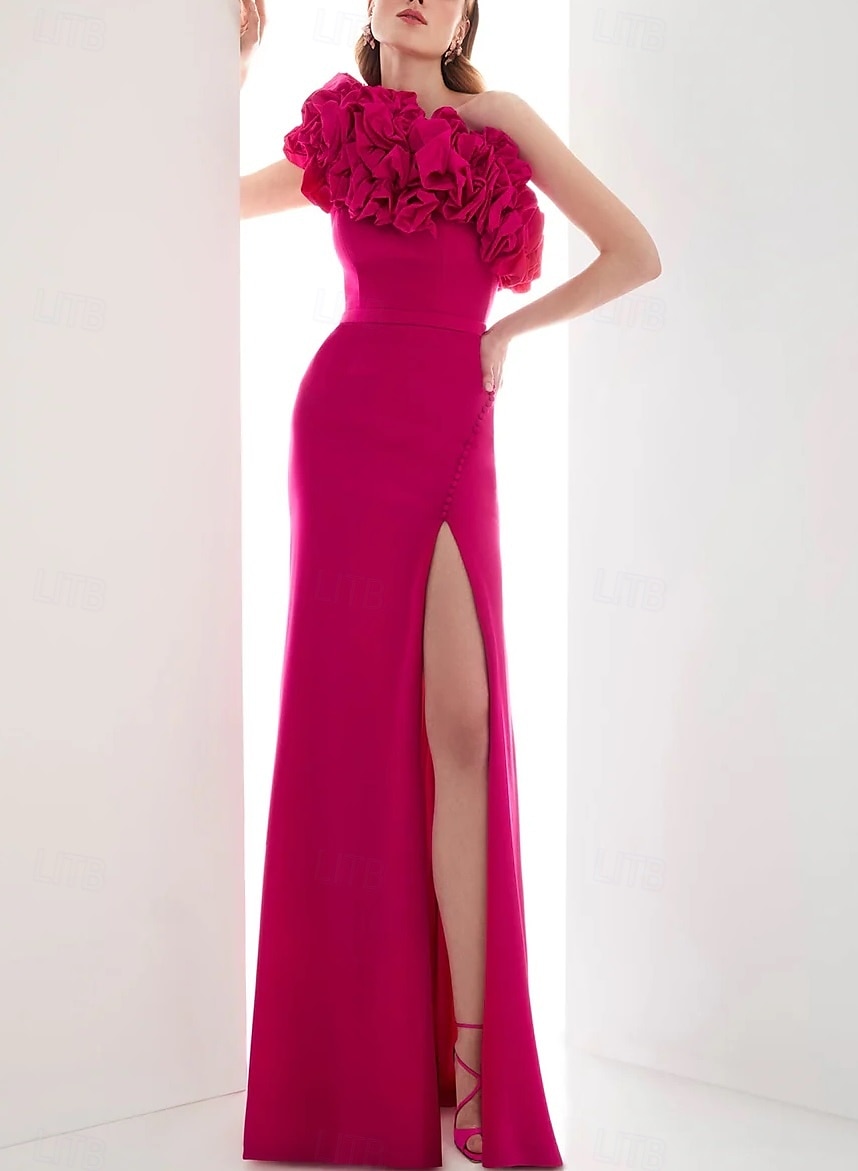 Robe de Soirée A-Line Rose Rouge Élégante Robe Formelle Mariage Longue au Sol Sans Manches Une Épaule Capes Crêpe Élastique avec Fleur sur l'Épaule de 2025 ? $166.99 –P1