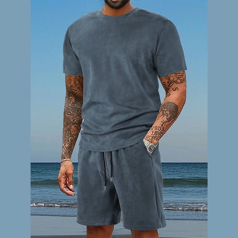 Men's T-shirt Suits 2 Pieces Outfits Tee & Shorts Short Sleeve Crewneck Summer Solid / Plain Color Fashion Casual 2 Piece Vacation Daily Wear Going out Dark Blue Wine Royal Blue Top Tee for Men 2026 - $40.99 –P3