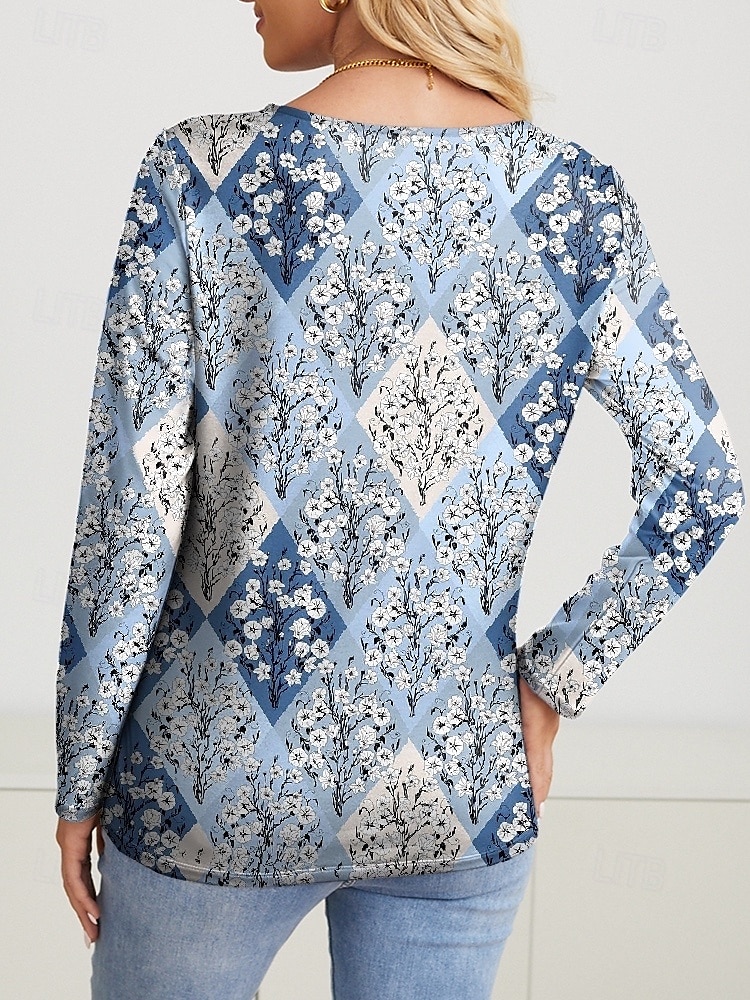 Damen T Shirt Blumen Brautkleider schlicht Langarm V Ausschnitt Normale Oberteile Täglich Bedruckt Himmelblau Frühling Herbst 2025 - $22.99 –P2