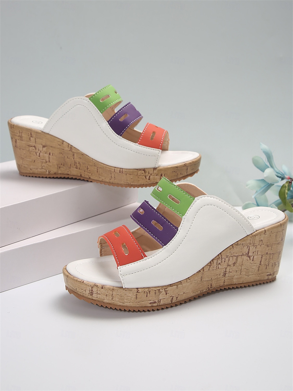 Sandalias de cuña multicolores para mujer: elegantes sandalias tipo slide con punta abierta y plataforma cómoda para conjuntos casuales de verano 2026 - $32.99 –P5