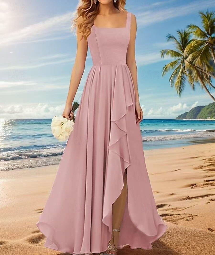 Linha A Vestido de Madrinha Correias / Decote Quadrado Sem Manga Elegante Longo Chiffon / Elastano com Pregas / Fru-Fru / Pregueado 2022 de 2025 por $162.99 –P1