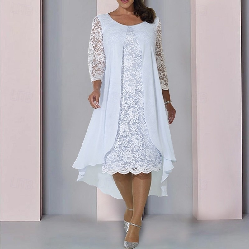 A-Line Mother of the Bride Dress Wedding Guest Elegant Scoop Neck Knee Length Chiffon Lace 3/4 Length Sleeve with Appliques Midi Dress 2025 2025 - $132.99 –P2