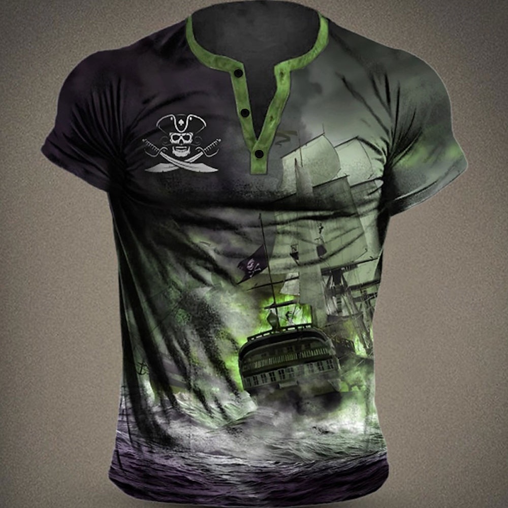 Bărbați Grafic Navă Pirat Cămașă Henley Manșon scurt Tipărire 3D Modă Designer Comfortabil În aer liber Zilnic Vară Albastru Maro Trifoi Gri Henley Tricou Henley 2025 - $21.99 –P1