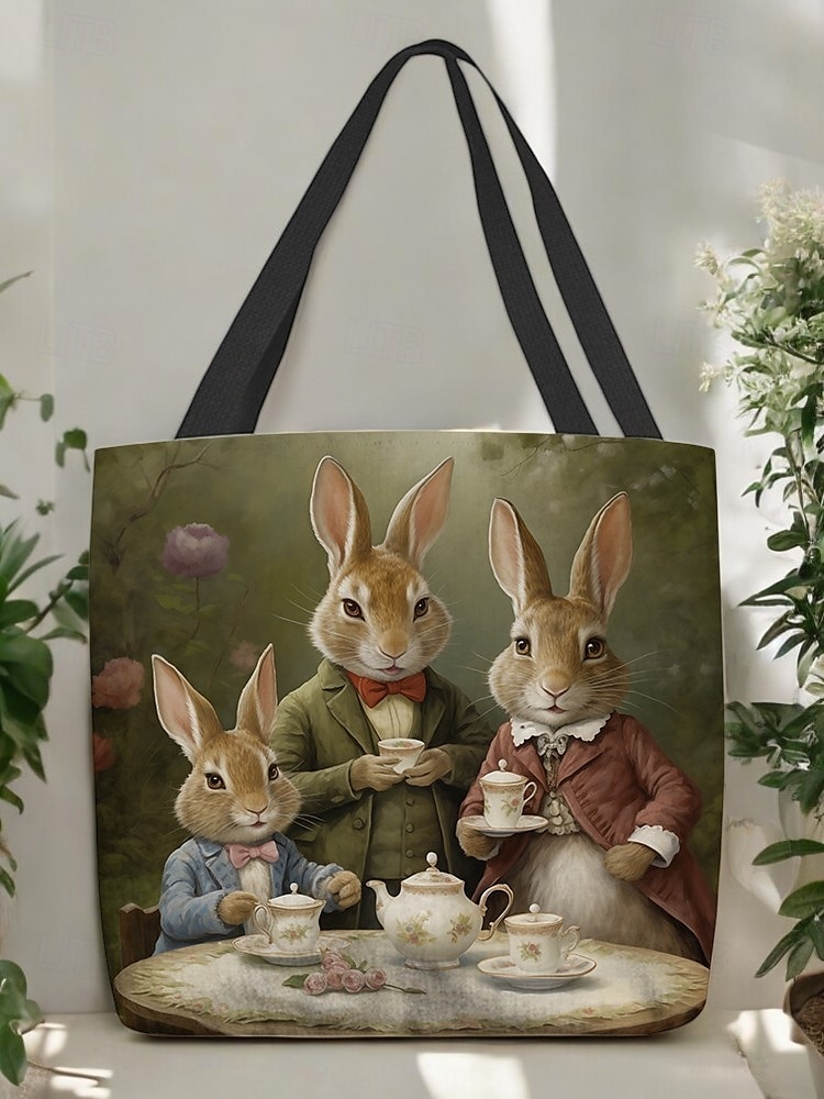 tygpåse med kanin-tema för kvinnor - vintage tepartyillustration, hållbar canvas, perfekt för påsk, vårens utflykter 2025 - $14.99 –P4