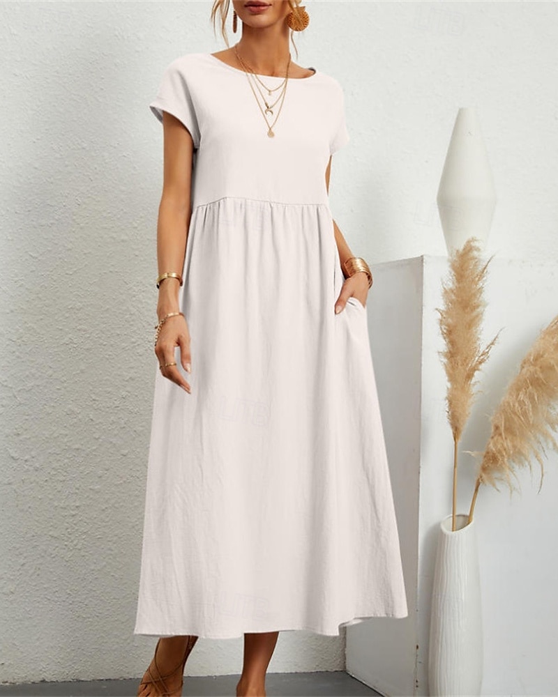 Women's Midi Dress Linen-Inspired Dresses Casual Dress Cotton Linen Dress A Line Dress Stylish Casual Vacation Daily Date Regular Fit Plain Short Sleeve Crew Neck White Pink Orange Summer Spring 2025 - $22.99 –P1