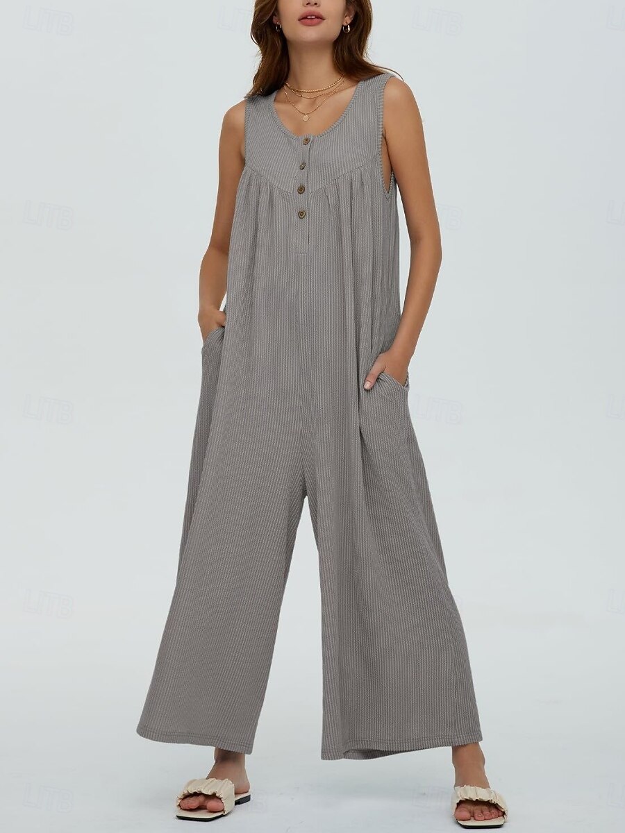 Női Szabályos Jumpsuitek Aktív Tömör szín Ujjatlan U-alakú Gombok Zseb Vakáció Napi Normál Fekete Sötétkék Medence Nyár 2025 - $32.99 -P18
