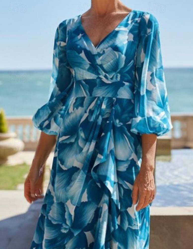 A-Line Mother of the Bride Dress Floral Print Elegant Simple Minimalist V Neck Floor Length Bubble Sleeve Chiffon with Pleats Race Day Dress Wedding Guest Dress 2025 - $154.99 –P3