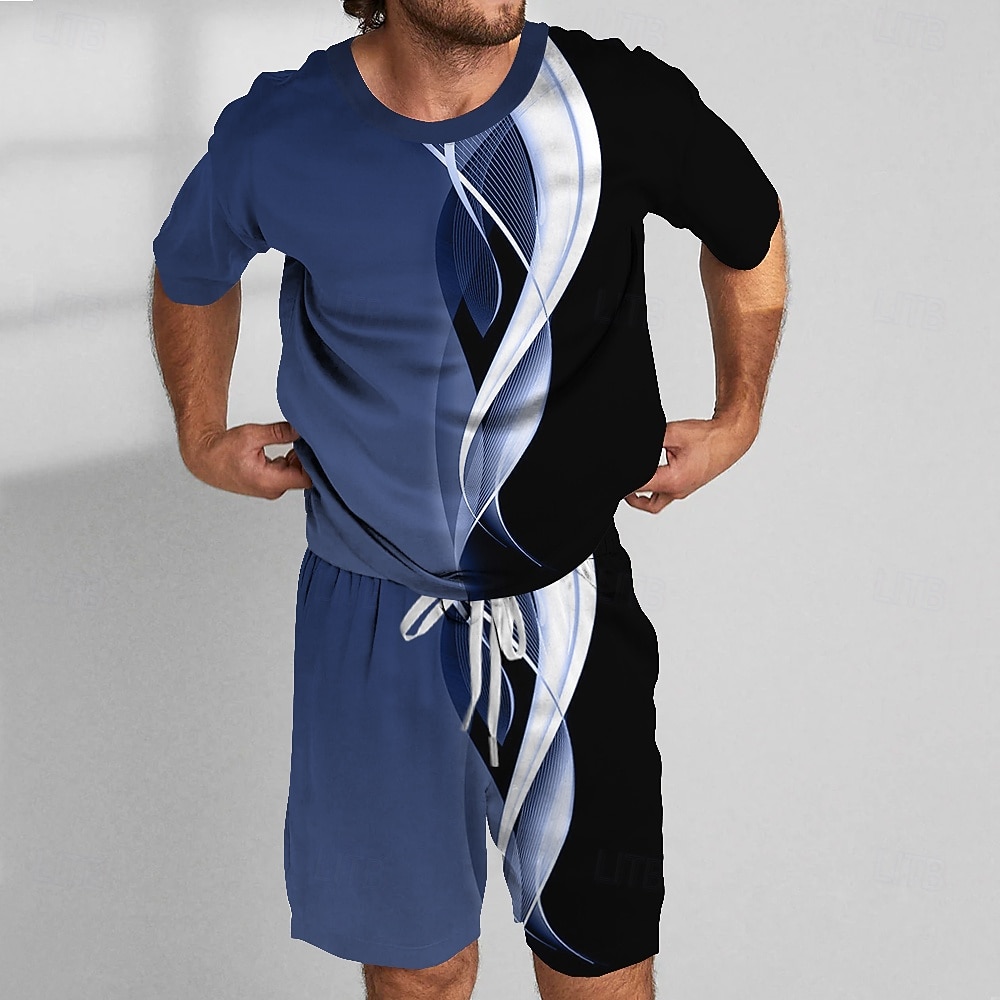 Men's Geometic Line 2pcs Tees sets Summer Tops Short Sleeve Short Pants Crew Neck Sport Casual Outdoor Vacation Sport 3D Print Summer Robin's Egg Blue White ash-colored 2026 - $26.99 –P2