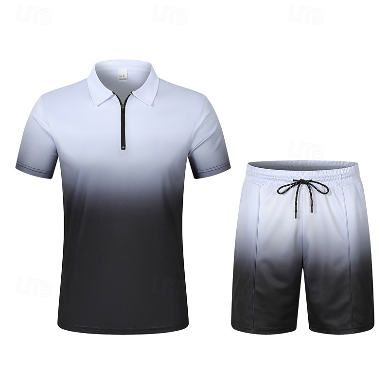 Voor heren T-shirt past 2 stuks outfits T-shirt en korte broek Korte mouw Revers Zomer Kleurenblok Modieus Casual 2-stuks Kwart ritssluiting Vakantie Alledaagse kleding Uitgaan Zwart Bruin Top 2025 - $34.99 –P5