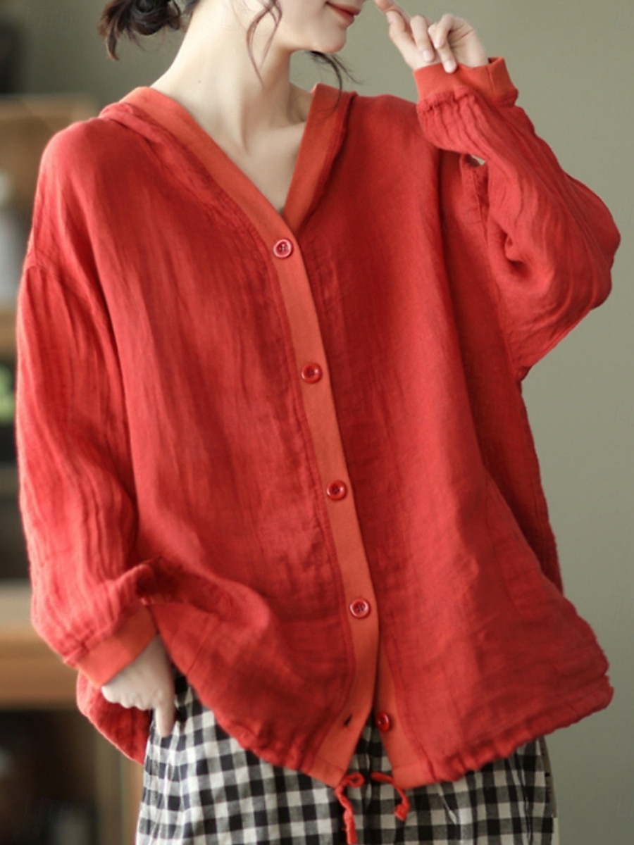 Women's Shirt Cotton Linen Shirts Button Up Blouse Solid Color Basic Casual Long Sleeve Hooded Regular Tops Daily Buttons White Red Blue Beige Summer 2025 - $25.99 –P1