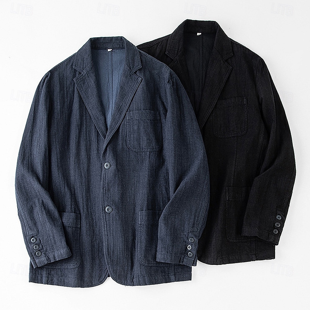 Homme Veste blazer École Formel Mariage Élégant Chaud Printemps Automne Lin Couleur Unie Épaissir Boutonnage simple deux boutons veste Noir bleu marine de 2025 ? $69.99 –P9