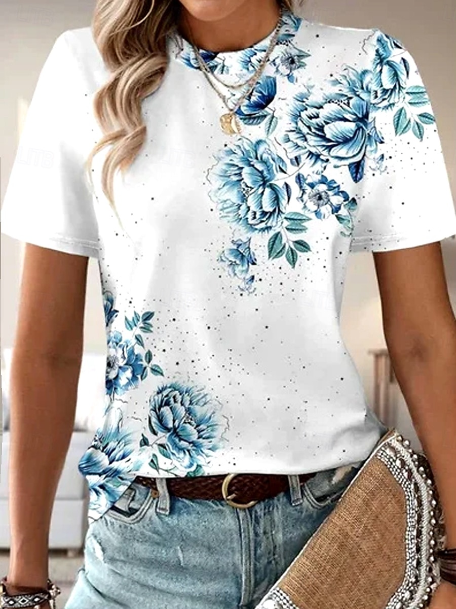 Pentru femei Tricou Trandafir Floral Grafic Elegant Epocă Modă Manșon scurt Rotund Topuri obișnuite Zilnic Ieșire Sfârșit de săptămână Imprimeu Albastru piscină Vară 2025 - $19.99 –P1