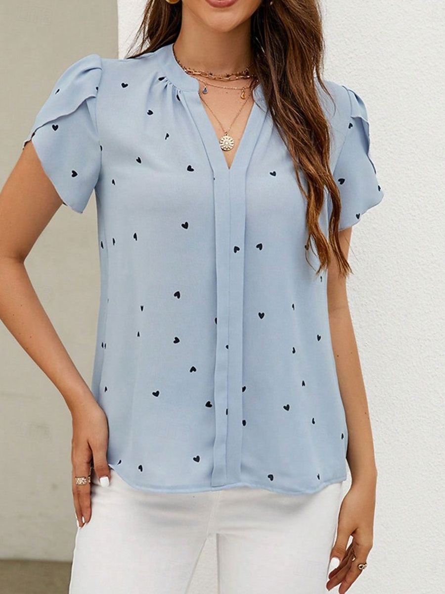 Γυναικεία Πουκάμισο Μπλούζα Στάμπα Καρδιά Κομψό Καθημερινά Στυλάτο Κοντομάνικο Λαιμόκοψη V Κανονικά μπλουζάκια Καθημερινά Δουλειά Αργίες Μαύρο Ανθισμένο Ροζ Μπεζ Μπλε Απαλό Καλοκαίρι Άνοιξη 2026 - $29.99 –P1