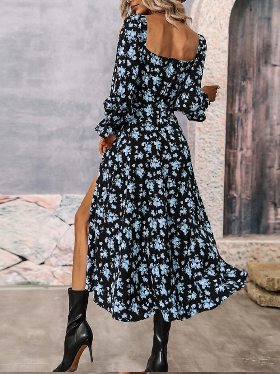 Women's Midi Dress Corset Dress A Line Dress Milkmaid Dress Puff Sleeve Dress Vacation Vacation Daily Regular Fit Floral Long Sleeve Square Neck White Blue Purple Gold Summer 2025 - $34.99 –P2