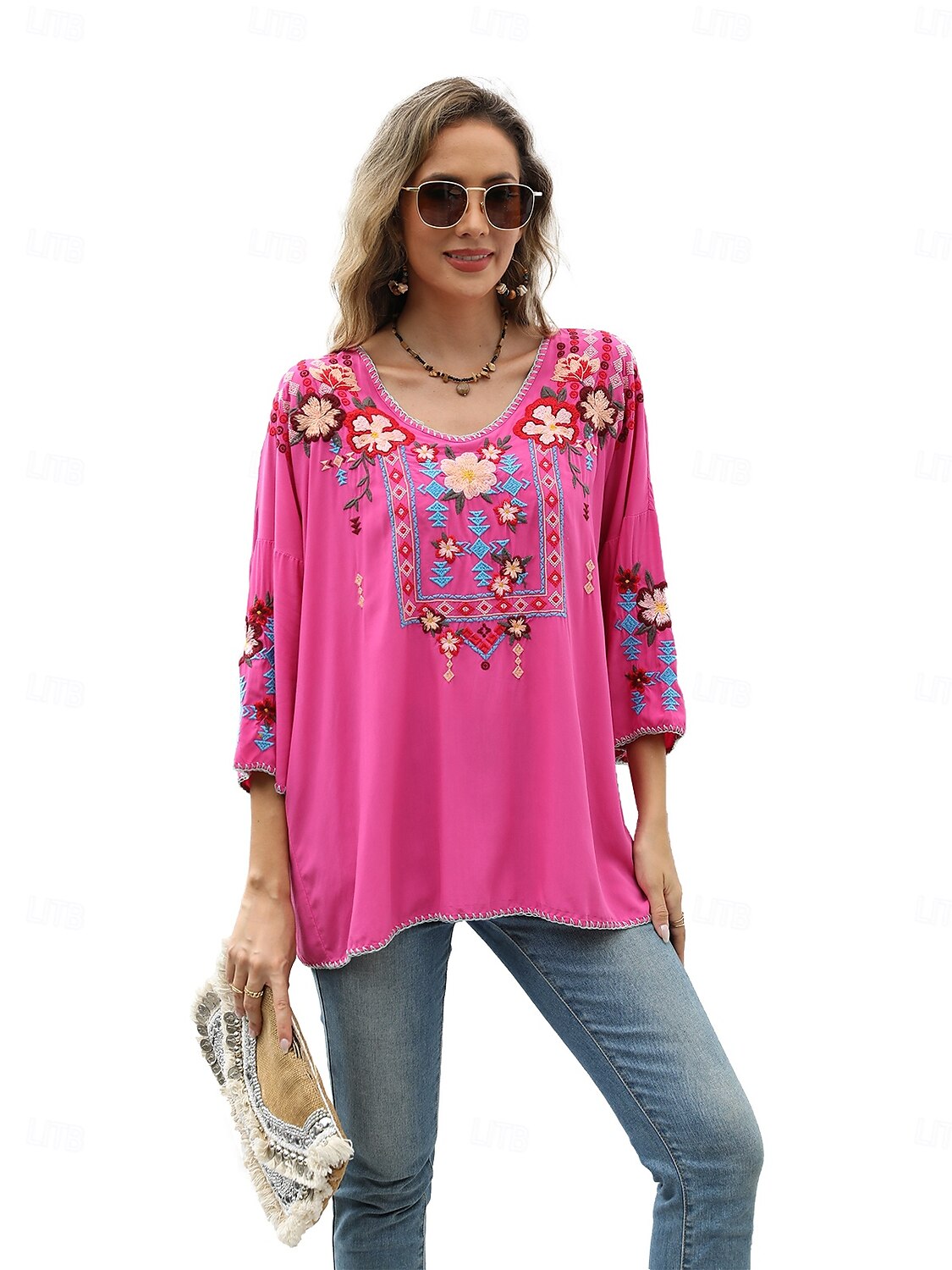 Dame Boho skjorte Helfarge Blomstret Bohem Daglig Luksuriøs 3/4 ermer 3/4-ermer Crew-hals Vanlige topper Arbeid Daglig Ut på byen Broderi Svart Gul Rose Rosa Sommer 2025 - $52.99 –P12