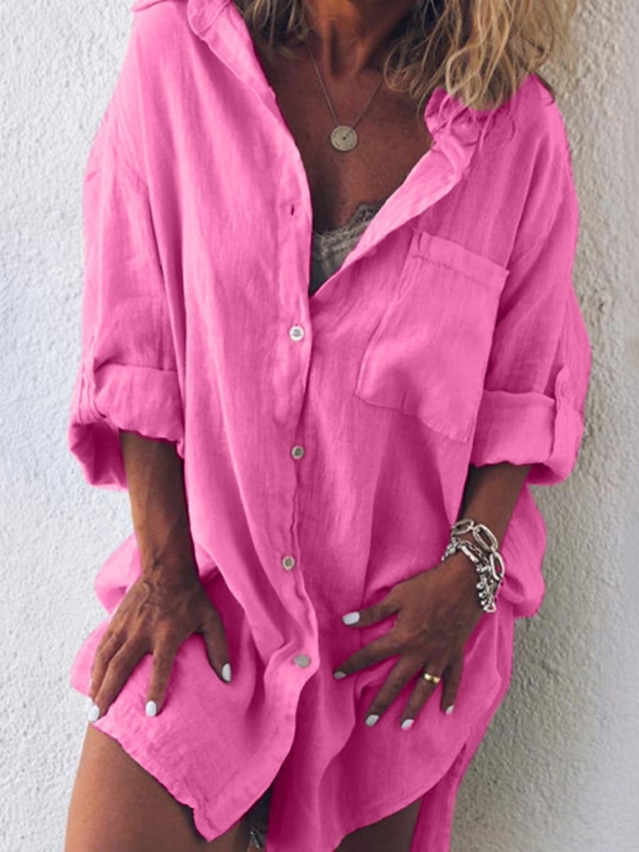 Abito mini da donna Abito camicia Abito casual Di base Casual Vacanza Quotidiano Vestibilità regolare Lino semplice Maniche lunghe Colletto Nero Verde chiaro Rosa Blu Estate del 2025 a $19.99 –P4