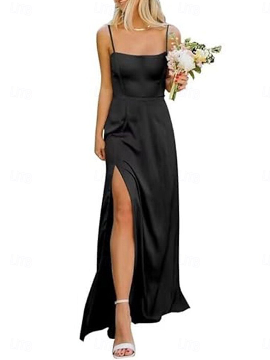 Linha A Vestido de Madrinha Com Alças Finas Sem Manga Elegante Longo Fibra Sintética com Fenda Frontal 2022 de 2025 por $137.99 –P5