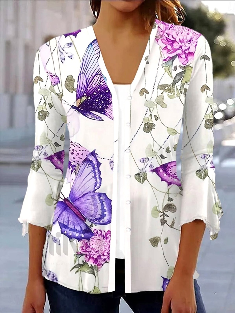 Femme Chemise Floral Papillon basique Manches 3/4 Col Carré Hauts réguliers du quotidien Imprimer Violet Printemps Automne de 2025 ? $29.99 –P1