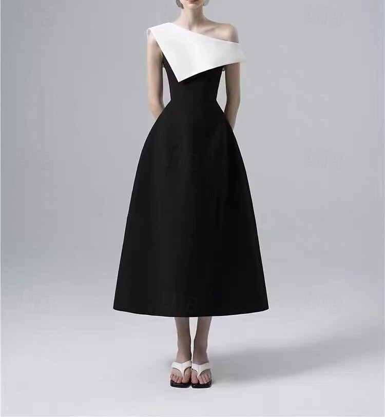 Robe de cocktail A-Line robe élégante retour à la maison cocktail party longueur thé sans manches une épaule poche mélange coton dos nu avec volants poche robes de 2025 ? $164.99 –P1