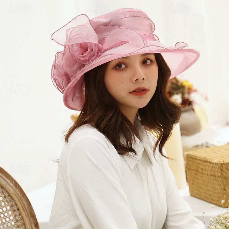 Chapeau de soleil à large bord en organza pour femme, chapeau de style Derby, pour mariage, thé, église de 2025 ? $7.99 –P12