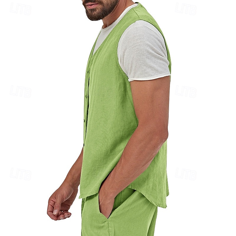 בגדי ריקוד גברים וסט Gilet אפוד פשתן חופשה יומי פגישה (דייט) אופנתי יום יומי קיץ אביב כפתורים כיס פשתן נוח אחיד חזה יחיד כפתור יחיד צווארון V רגיל שחור צהוב ירוק בהיר כחול נייבי אֵפוֹד 2025 - $23.99 –P13