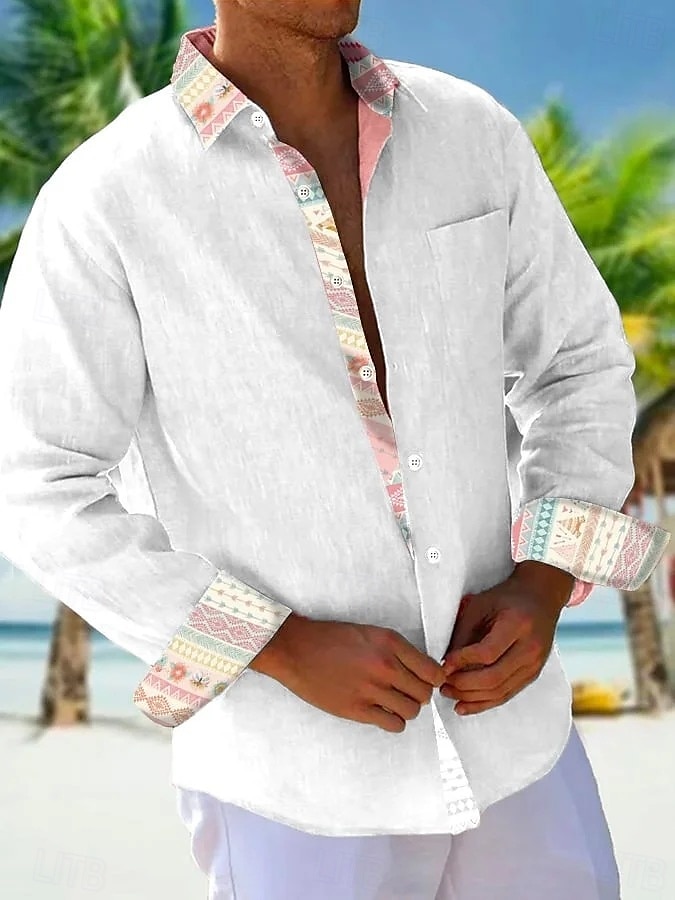 Miesten Paita Kesä paita Rento paita Rantapaita Button Up paita Valkoinen Punastuvan vaaleanpunainen Taivaan sininen Oranssi Pitkähihainen Tavallinen Kuvio Kauluskäänne Loma Havaijilainen Painike alas 2025 - $25.99 –P4