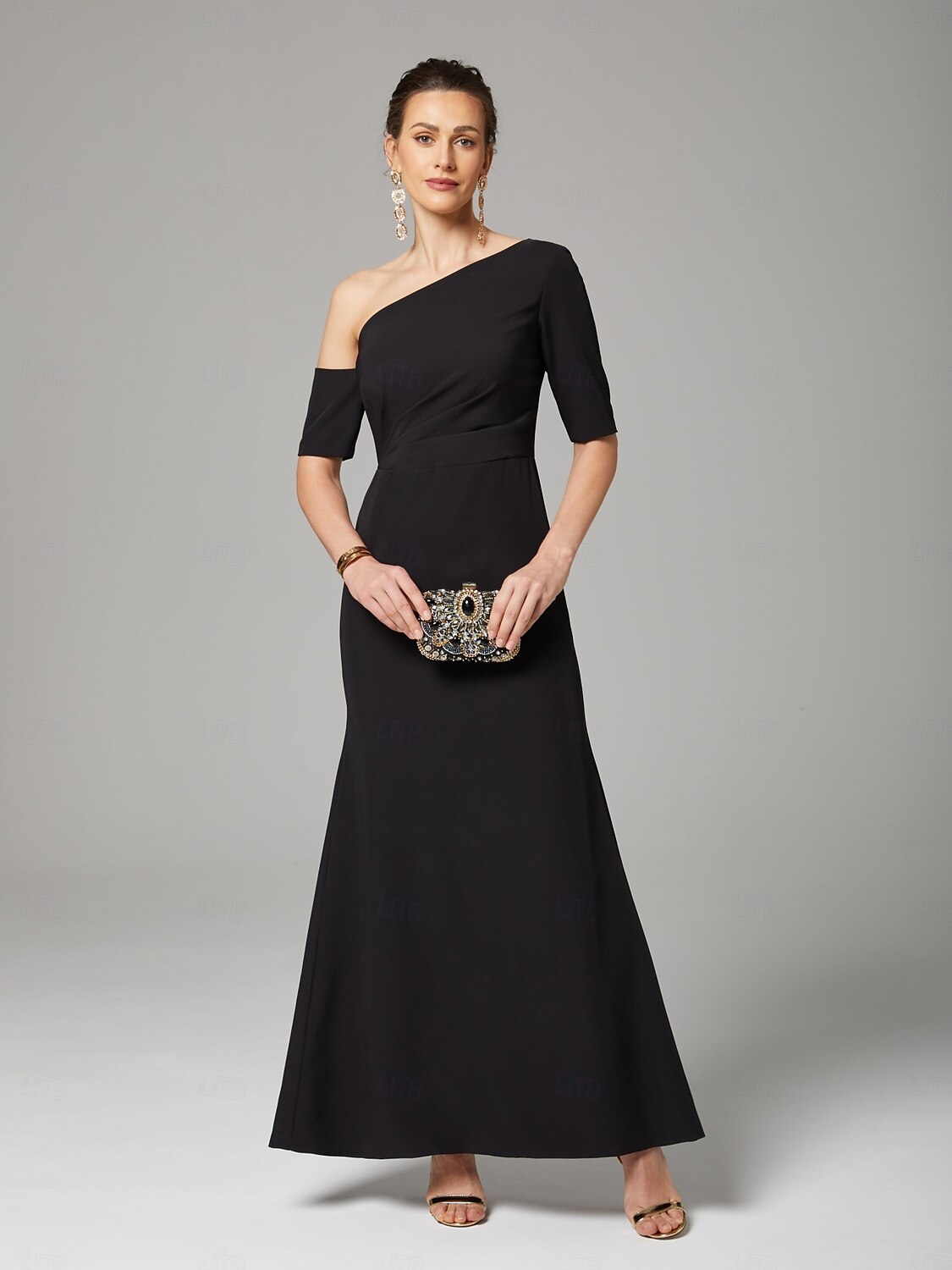 A-Linie Kleid der Brautmutter Elegantes Vintage Eine Schulter Bodenlanger Charmeuse 3/4 Länge Ärmel mit Rüschen Seitendrapierung 2025 - $159.99 –P3