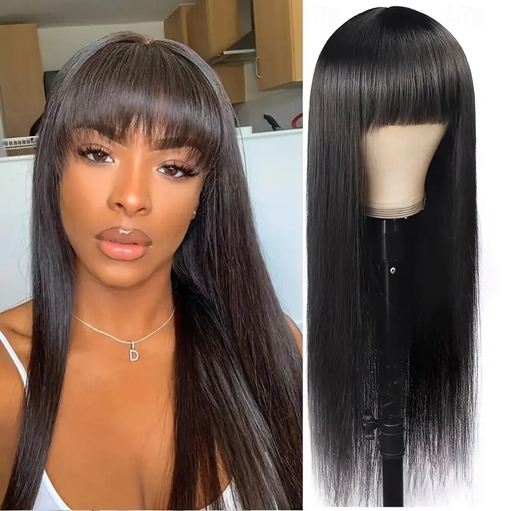 parrucca fatta a macchina capelli umani lisci neri densità 150% per donne nere del 2025 a $97.99 –P1