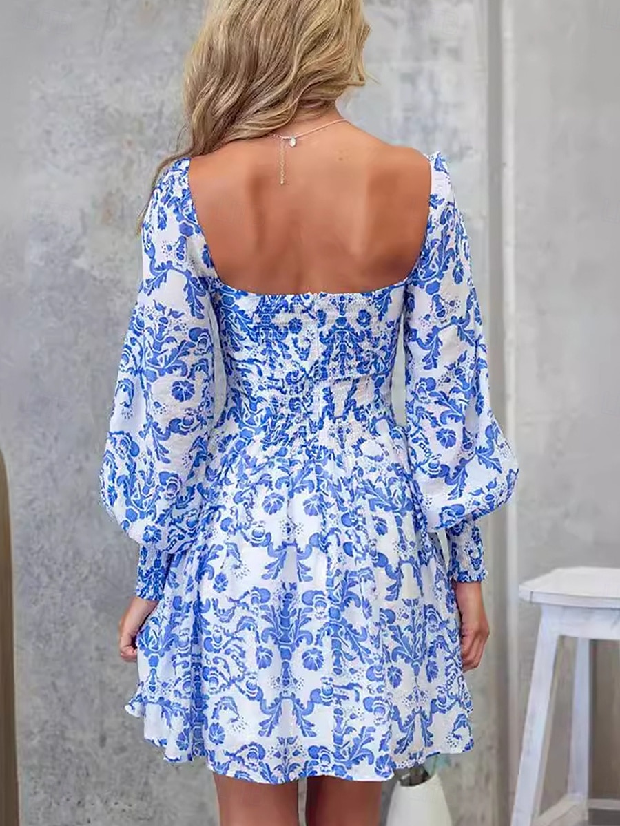 Dam Mini klänning Korsettklänning A linjeklänning Milkmaid klänning Puffärmsklänning Semester Semester Dagligen Normal Grafisk Långärmad Fyrkantig hals Blå Sommar 2025 - $36.99 –P4