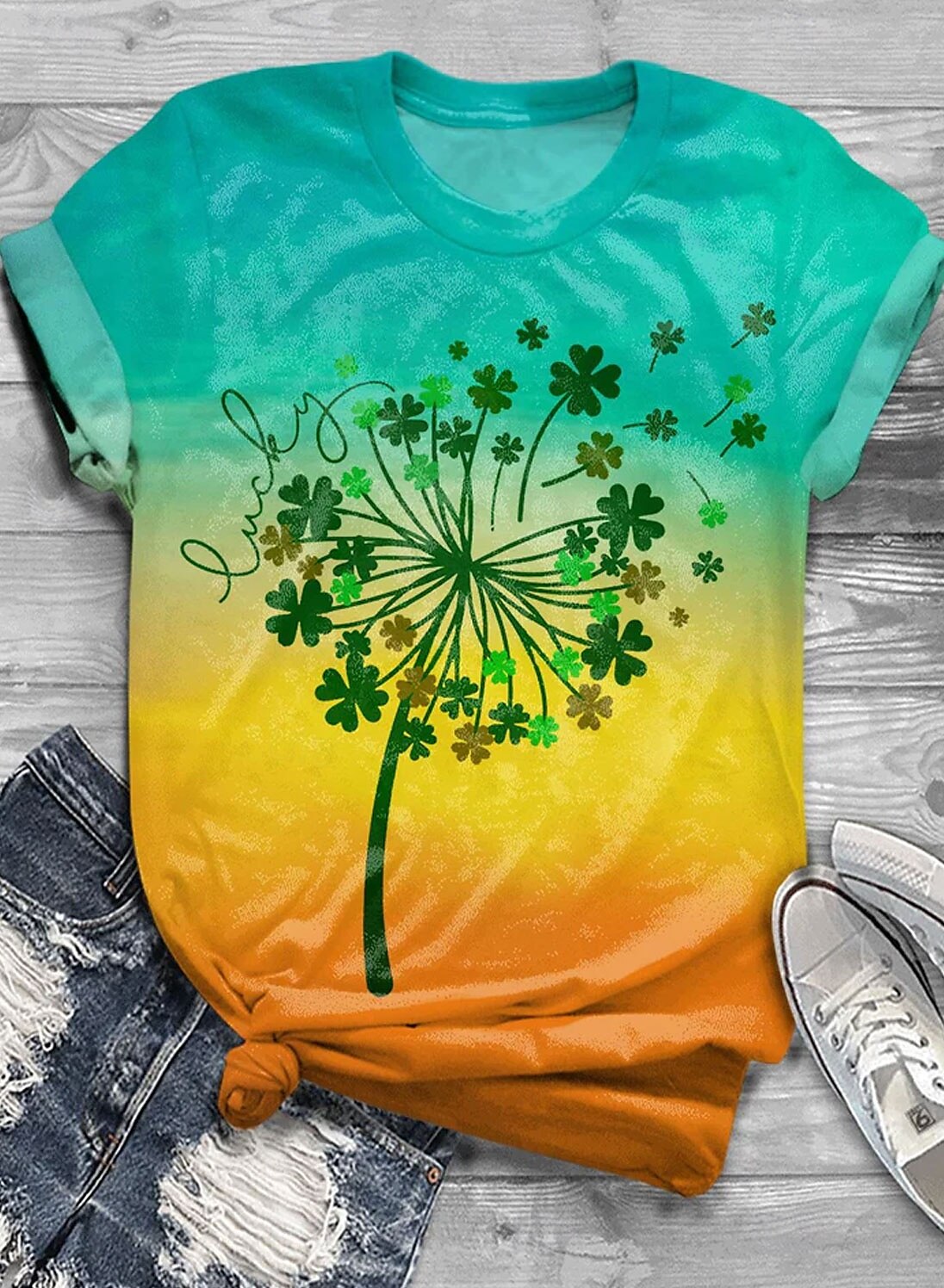 St. Patrick Dame T skjorte Planter Fritid Kortermet Rund hals Vanlige topper Daglig Trykt mønster Blå Sommer 2025 - $19.99 –P1