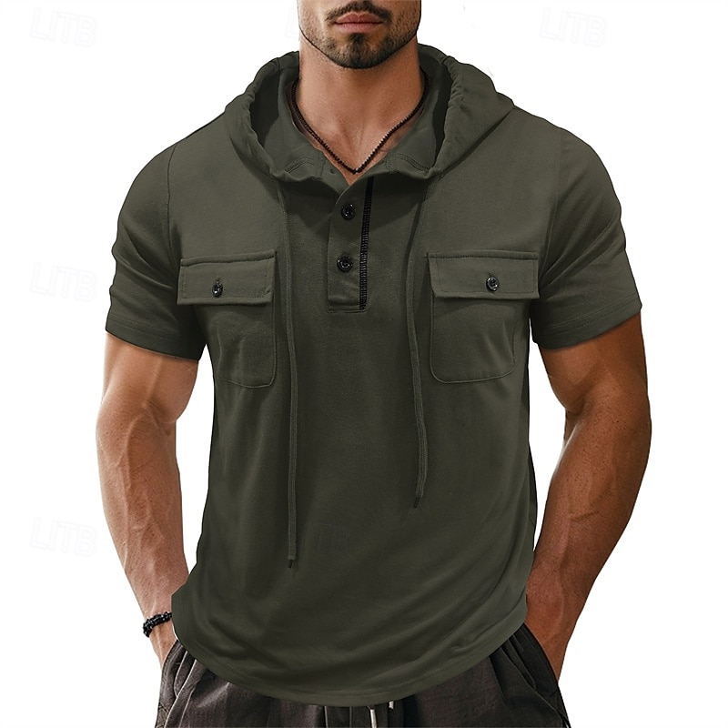 Men's T Shirt Henley Shirt Tee Short Sleeve Shirt Short Sleeve Hooded Henley Summer Spring Color Block Fashion Designer Basic Drawstring Vacation Street Going out Black Khaki Light Grey Top Tee for 2025 - $26.99 –P4