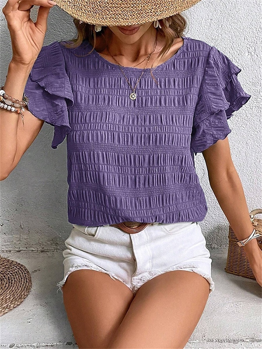 Women's Blouse Solid Color Elegant Daily Stylish Short Sleeve Crew Neck Regular Tops Daily Holiday Going out Ruffle Patchwork Sage Green Red Navy Blue Purple Green Summer Spring 2025 - $22.99 –P12