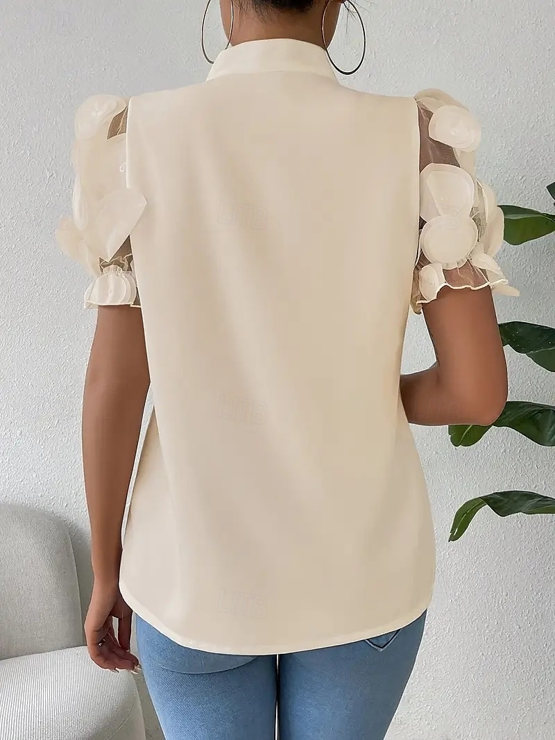 Blouse Women's Black White Red Solid / Plain Color Lace Bow Daily Elegant Standing Collar Regular Fit S 2025 - $17.49 –P4