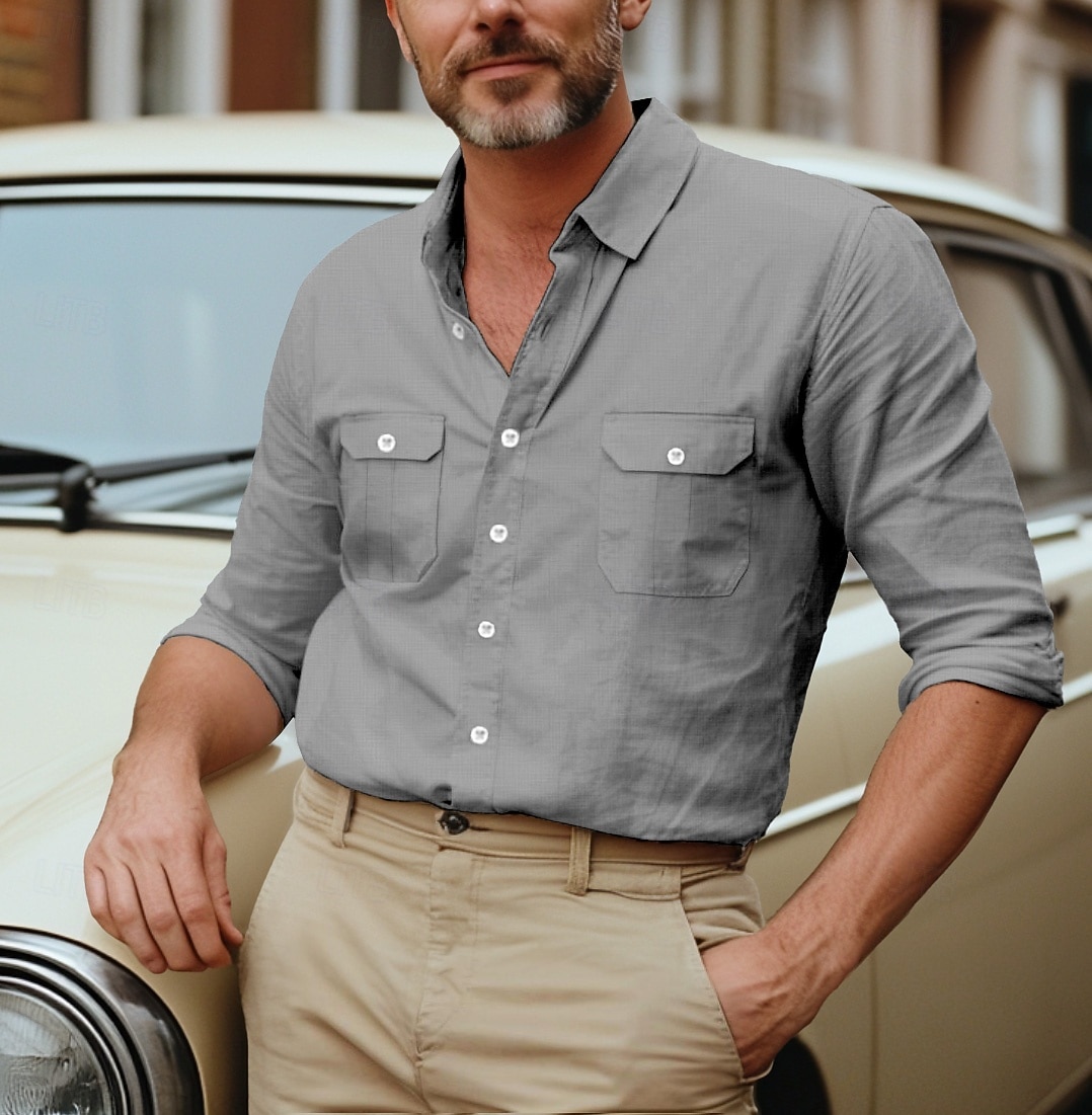 Voor heren Overhemd Katoenen linnen overhemd Zomer overhemd Overhemd met knopen Effen Casual Dagelijks Zwart Wit blauw Khaki Lange mouw Kraag Lente zomer Kleding Zak 2026 - $26.99 –P10