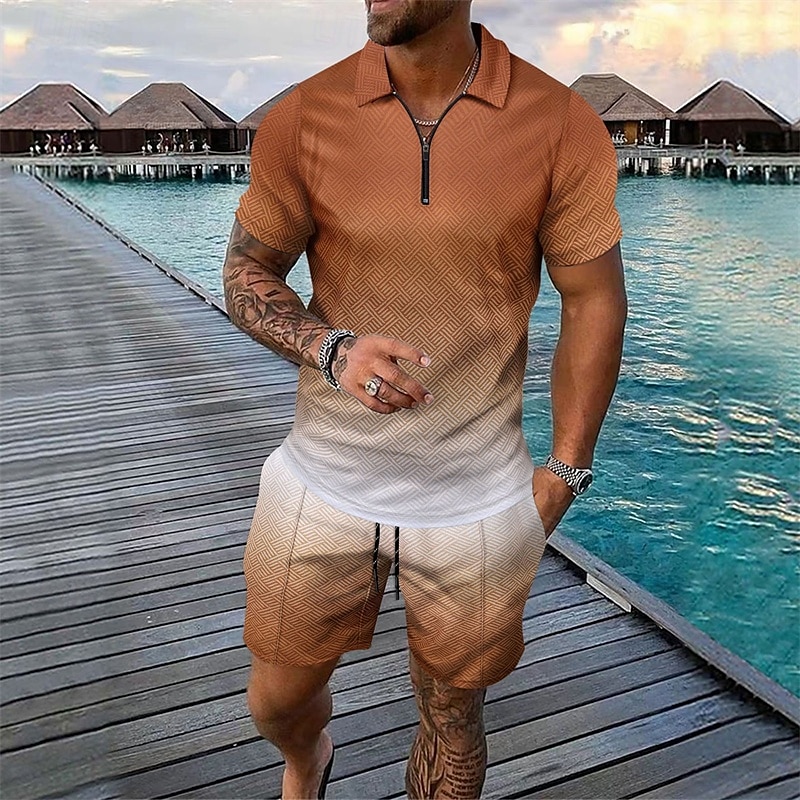 Voor heren T-shirt past 2 stuks outfits T-shirt en korte broek Korte mouw Revers Zomer Kleurenblok Modieus Casual 2-stuks Kwart ritssluiting Vakantie Alledaagse kleding Uitgaan Zwart Bruin Top 2025 - $34.99 –P1