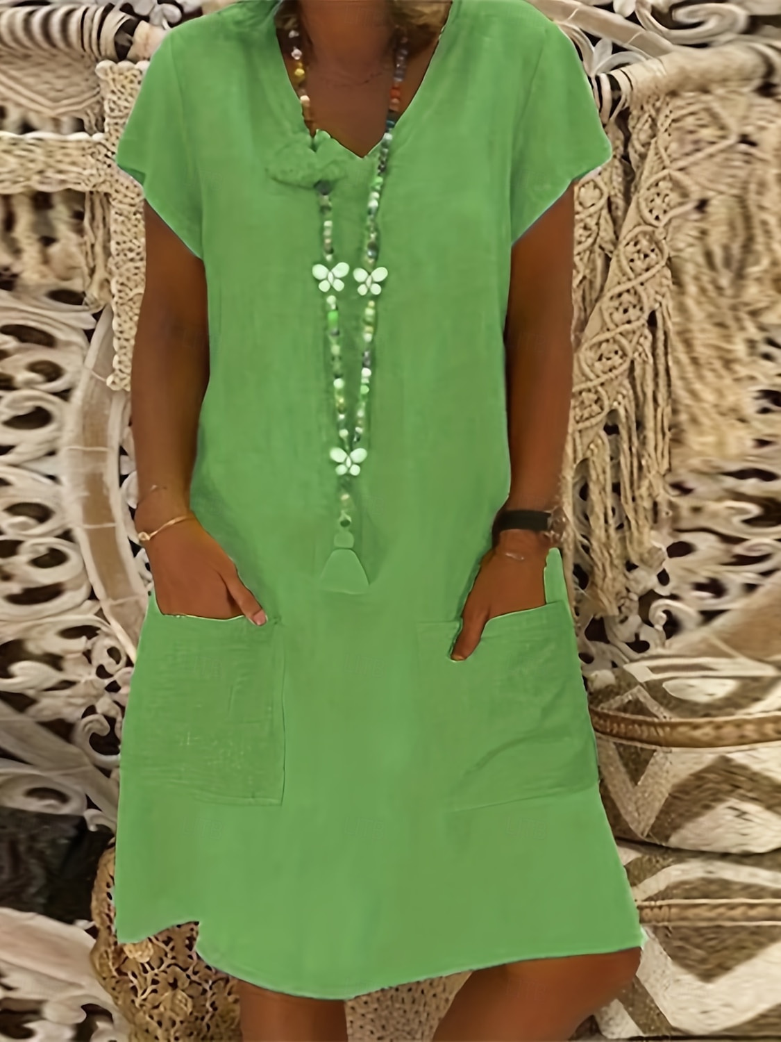Women's Normal Mini Dress Cotton Linen Dresses Shift Dress Bohemia Vacation Tropical Butterfly Sleeve Street Casual Daily Form Fit Solid Color Short Sleeve V Neck Yellow Light Green Wine Royal Blue 2025 - $19.99 –P18