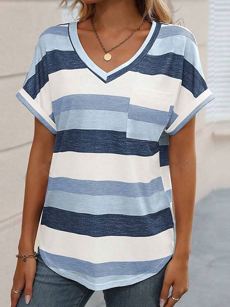 Women's T Shirt Striped Fashion Modern Casual Short Sleeve V Neck Regular Tops Daily Weekend Pink Wine Sky Blue Summer Spring 2025 - $21.99 –P9
