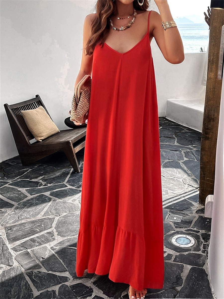 Damen Maxi Kleid Strandkleid Slip Kleid Urlaub Strandurlaub Unifarben Lässig Täglich Lockere Passform Grafik Ärmellos Träger Schwarz Rot Himmelblau Grün Sommer 2025 - $41.99 –P1